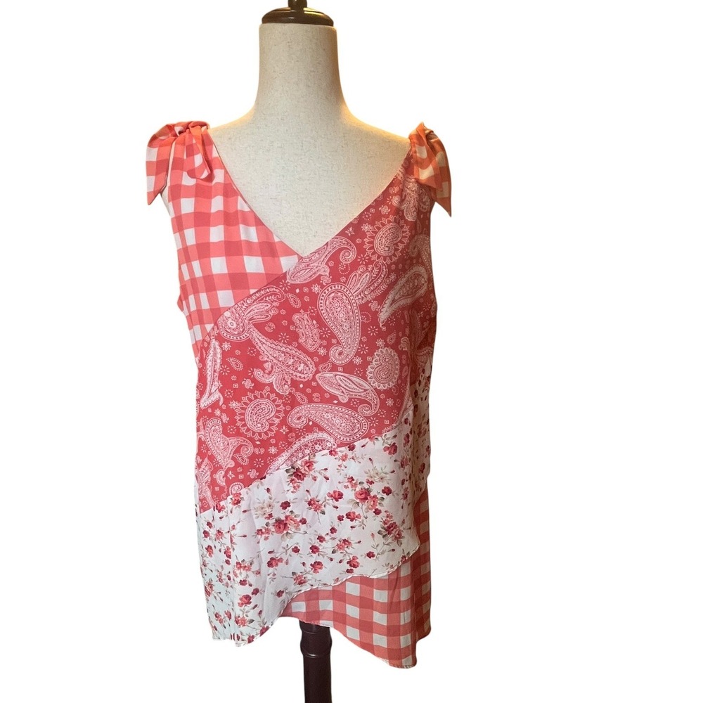 Cato Patchwork Tank Top Womens Large Coral Gingham Paisley Floral Cottagecore‎